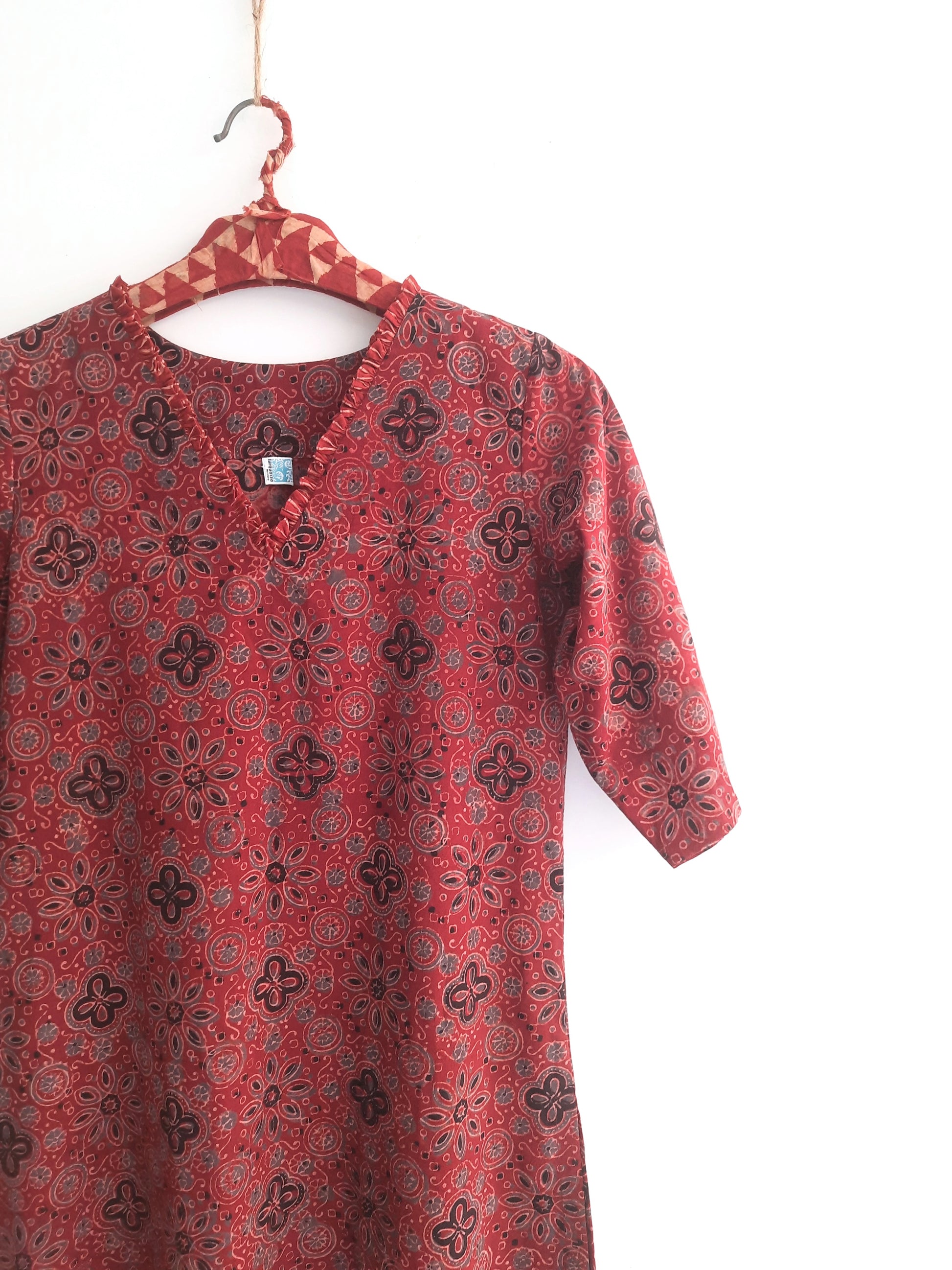 Madder dyed ajrakh kurta for women in cotton.