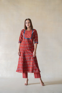 Madder dyed ajrakh kurta pants set, Handmade everyday wear, Natural dyed ajrakh kurta pants set