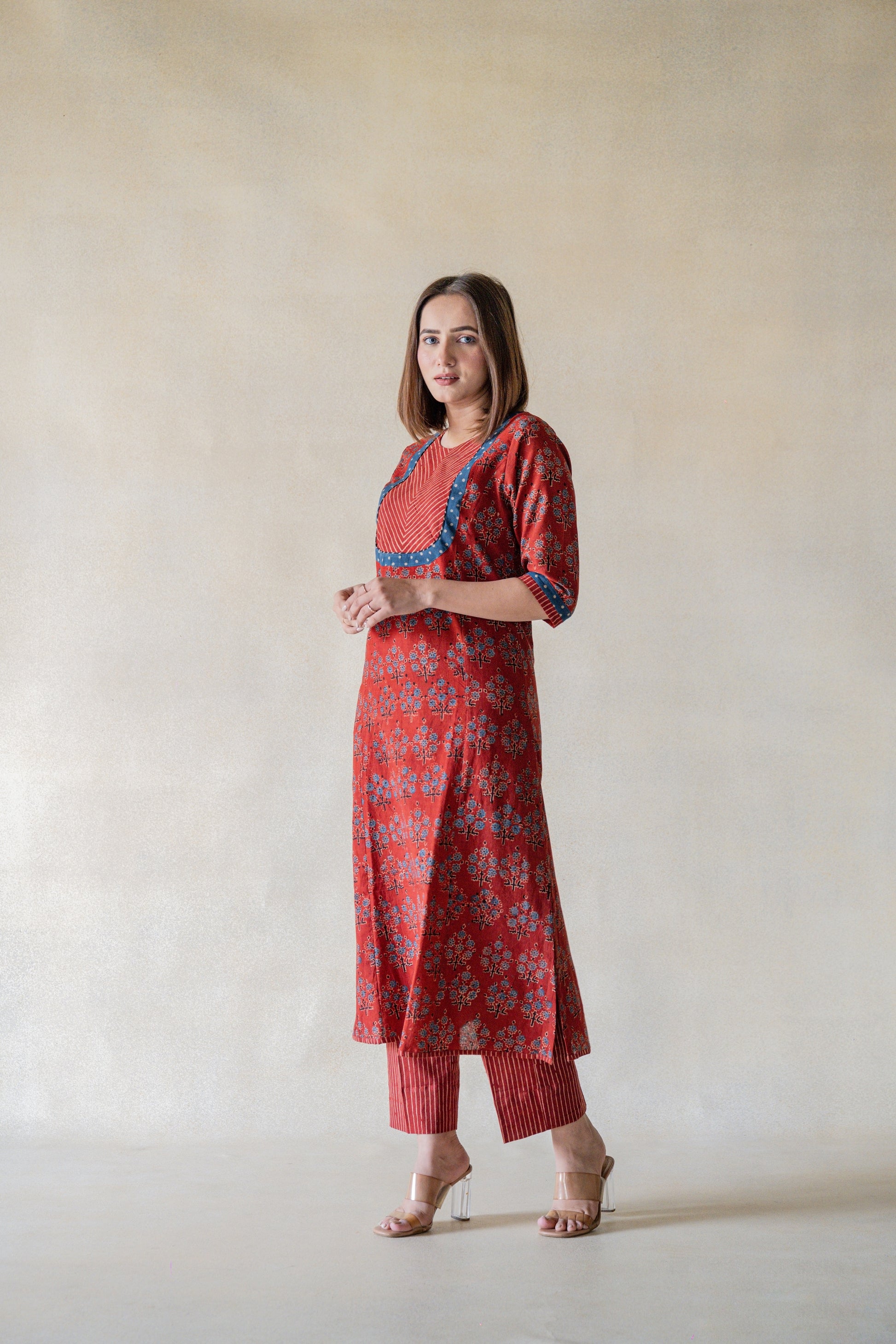 Madder dyed ajrakh kurta pants set, Handmade everyday wear, Natural dyed ajrakh kurta pants set