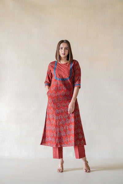 Madder dyed ajrakh kurta pants set, Handmade everyday wear, Natural dyed ajrakh kurta pants set