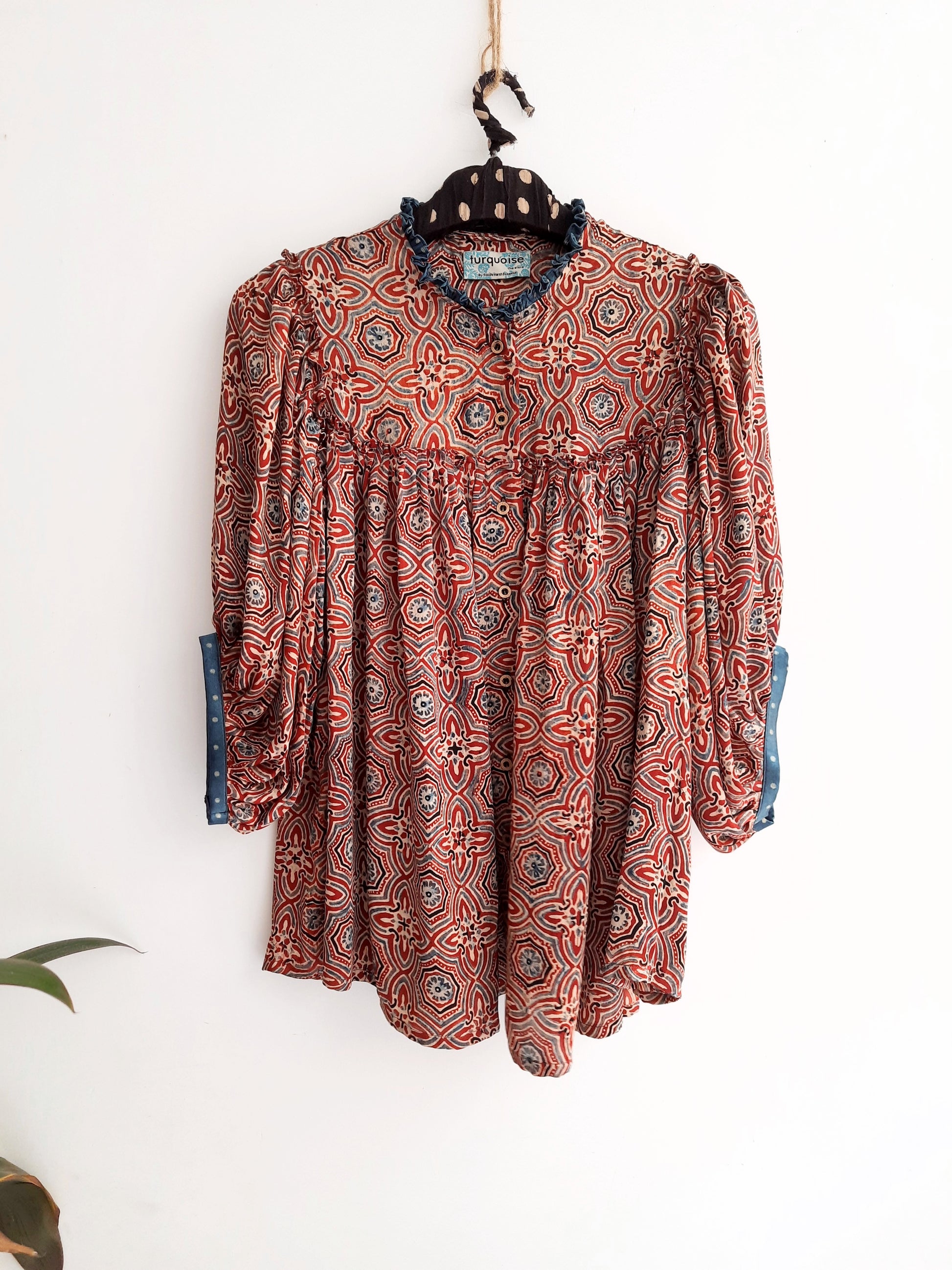 Madder dyed ajrakh modal silk pleated shirt, Consciously crafted