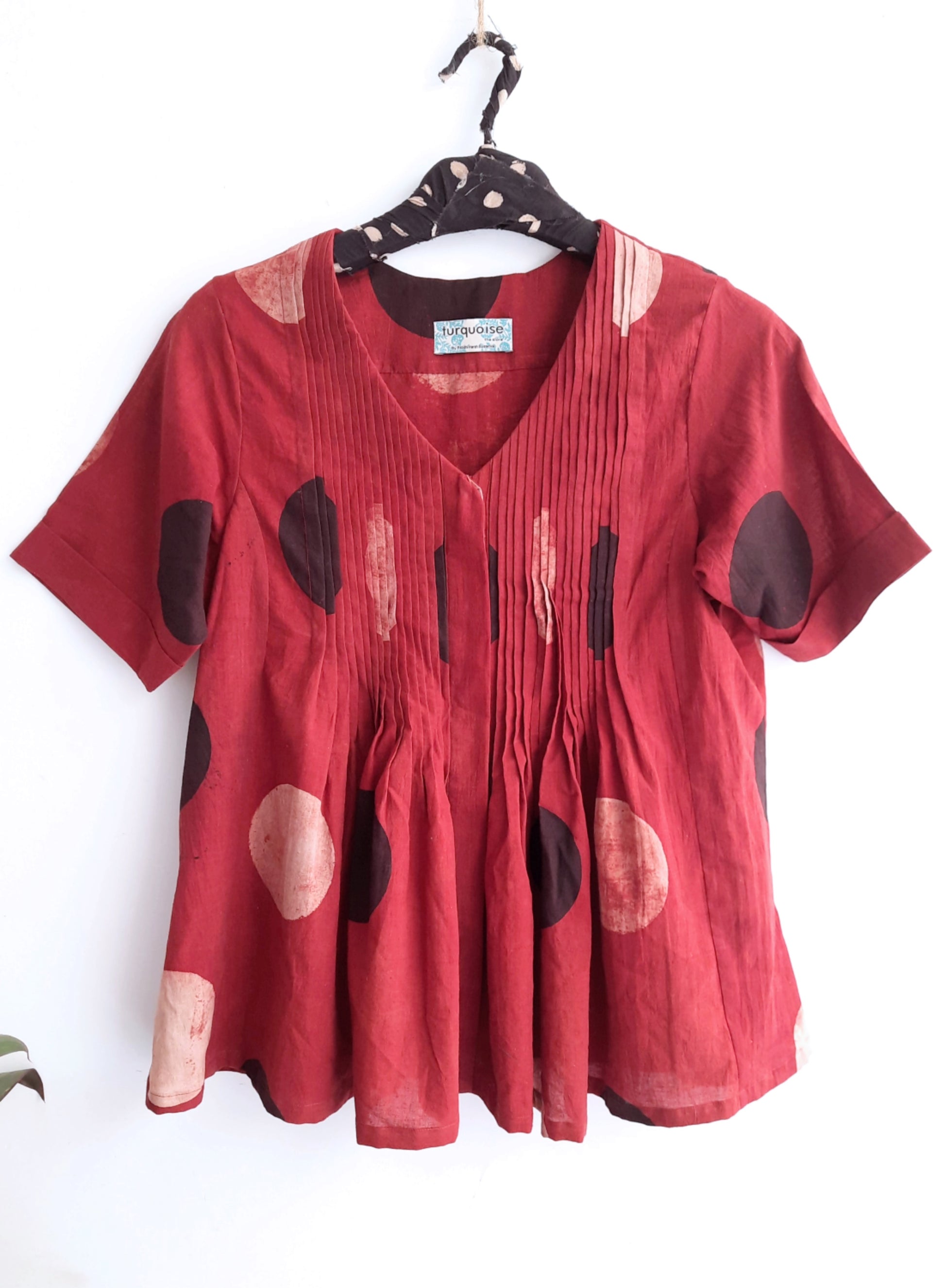 Madder dyed moon print ajrakh top, Slow fashion, Natural dyed shirt