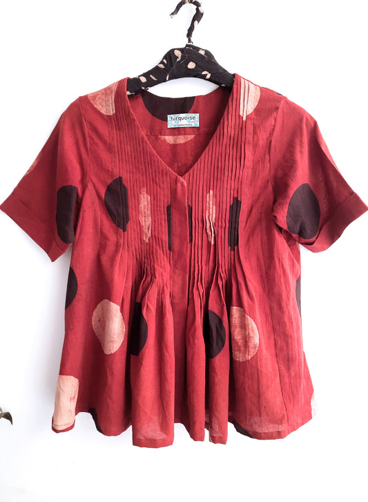 Madder dyed moon print ajrakh top, Slow fashion, Natural dyed shirt
