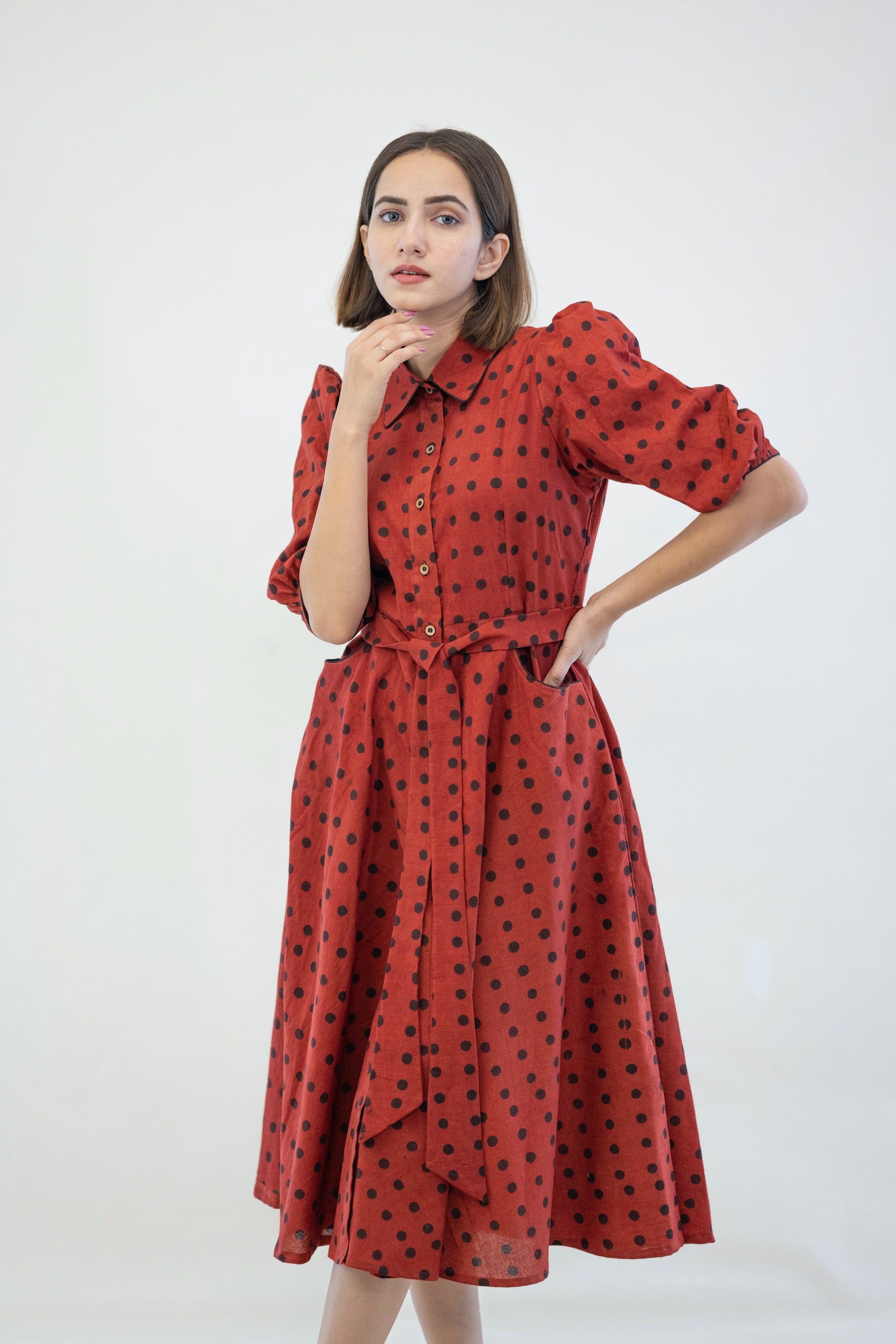 Madder polka dots dress, Ajrakh polka dots dress, Handmade dress