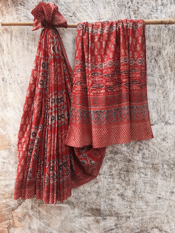 Madder Dyed Ajrakh Hand Block Printed Pure Cotton Saree with Intricate Handmade Wooden Block Prints, Eco-Friendly, and Ethically Crafted. Turquoisethestore.