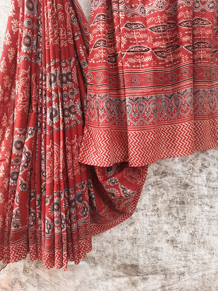 Madder Dyed Ajrakh Hand Block Printed Pure Cotton Saree with Intricate Handmade Wooden Block Prints, Eco-Friendly, and Ethically Crafted. Turquoisethestore.