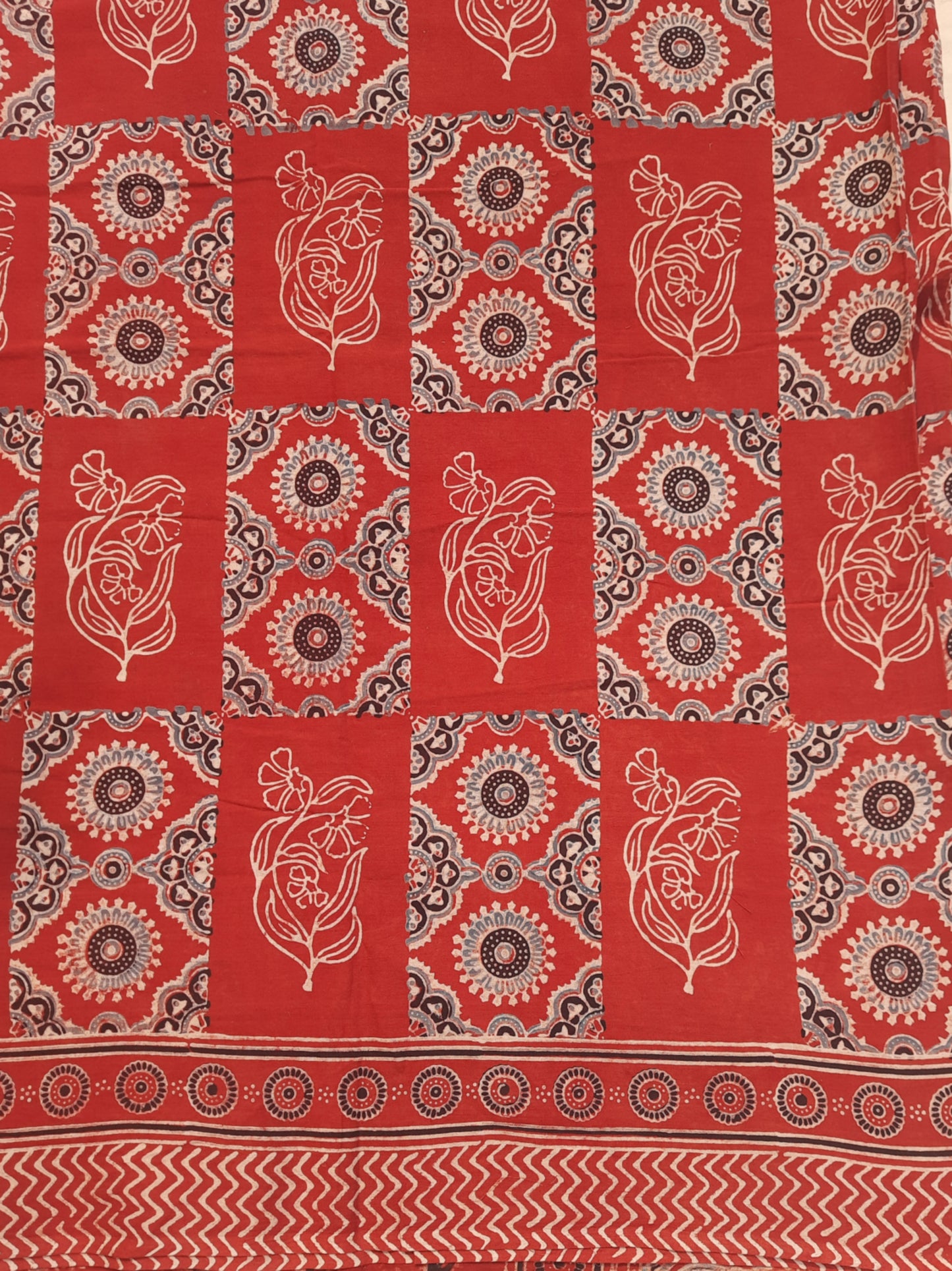 Madder Dyed Ajrakh Hand Block Printed Pure Cotton Saree with Intricate Handmade Wooden Block Prints, Eco-Friendly, and Ethically Crafted. Turquoisethestore.