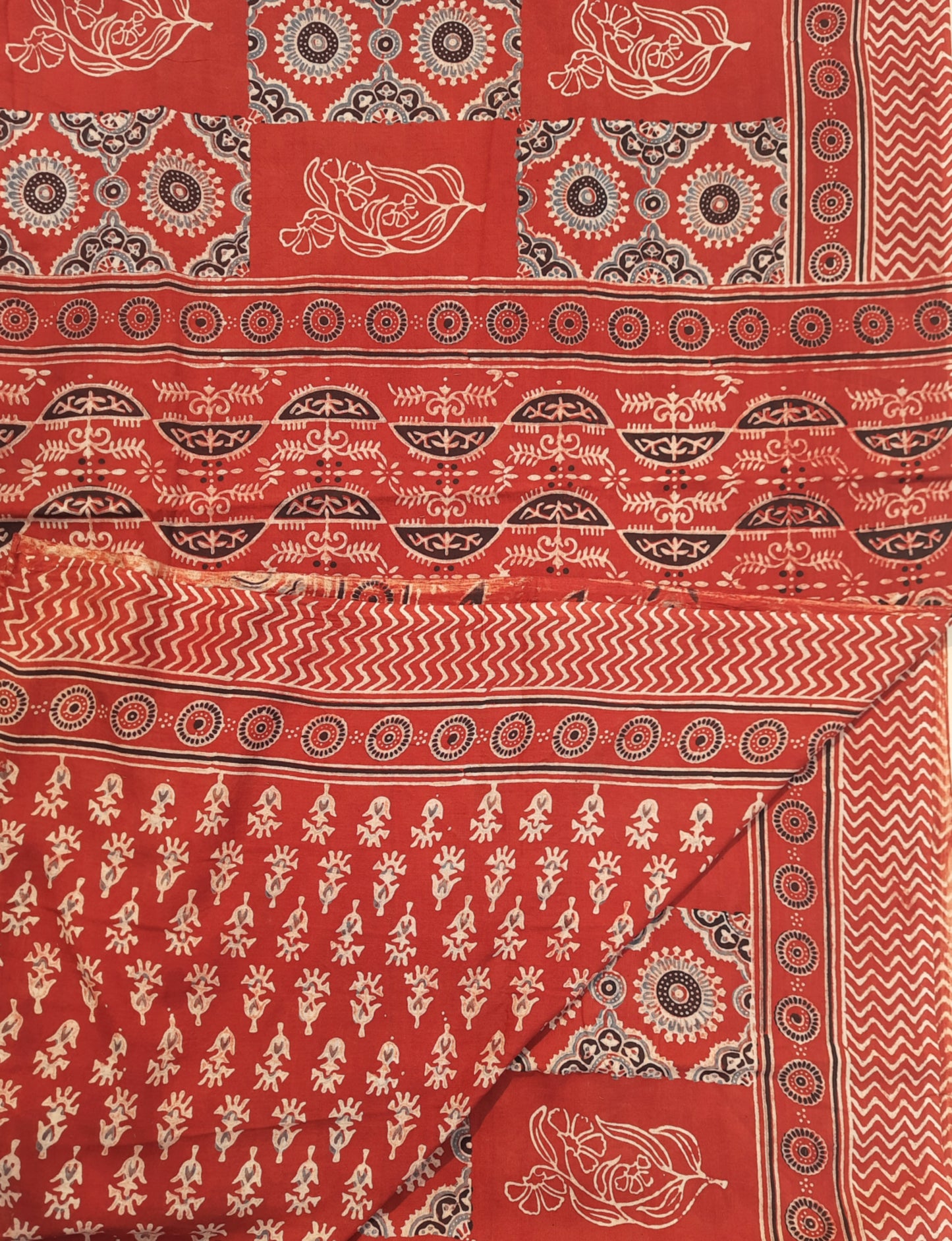 Madder Dyed Ajrakh Hand Block Printed Pure Cotton Saree with Intricate Handmade Wooden Block Prints, Eco-Friendly, and Ethically Crafted. Turquoisethestore.