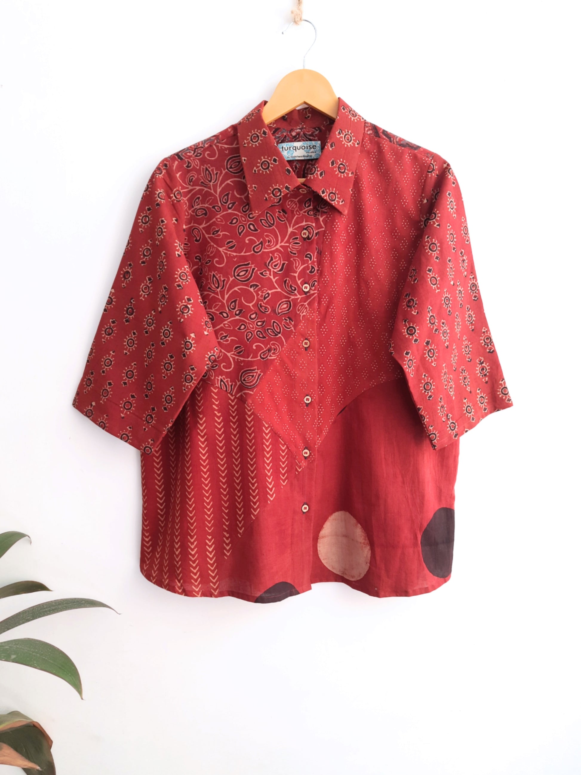 Madder red multi prints modern shirt, Natural dyed shirt for women, Comfortable everyday wear