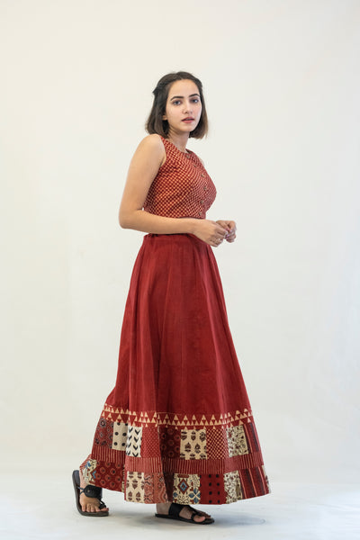 Maroon ajrakh patchwork skirt and blouse, Patchwork chaniya choli, Natural dyed skirt blouse