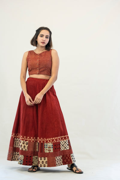 Maroon ajrakh patchwork skirt and blouse, Patchwork chaniya choli, Natural dyed skirt blouse