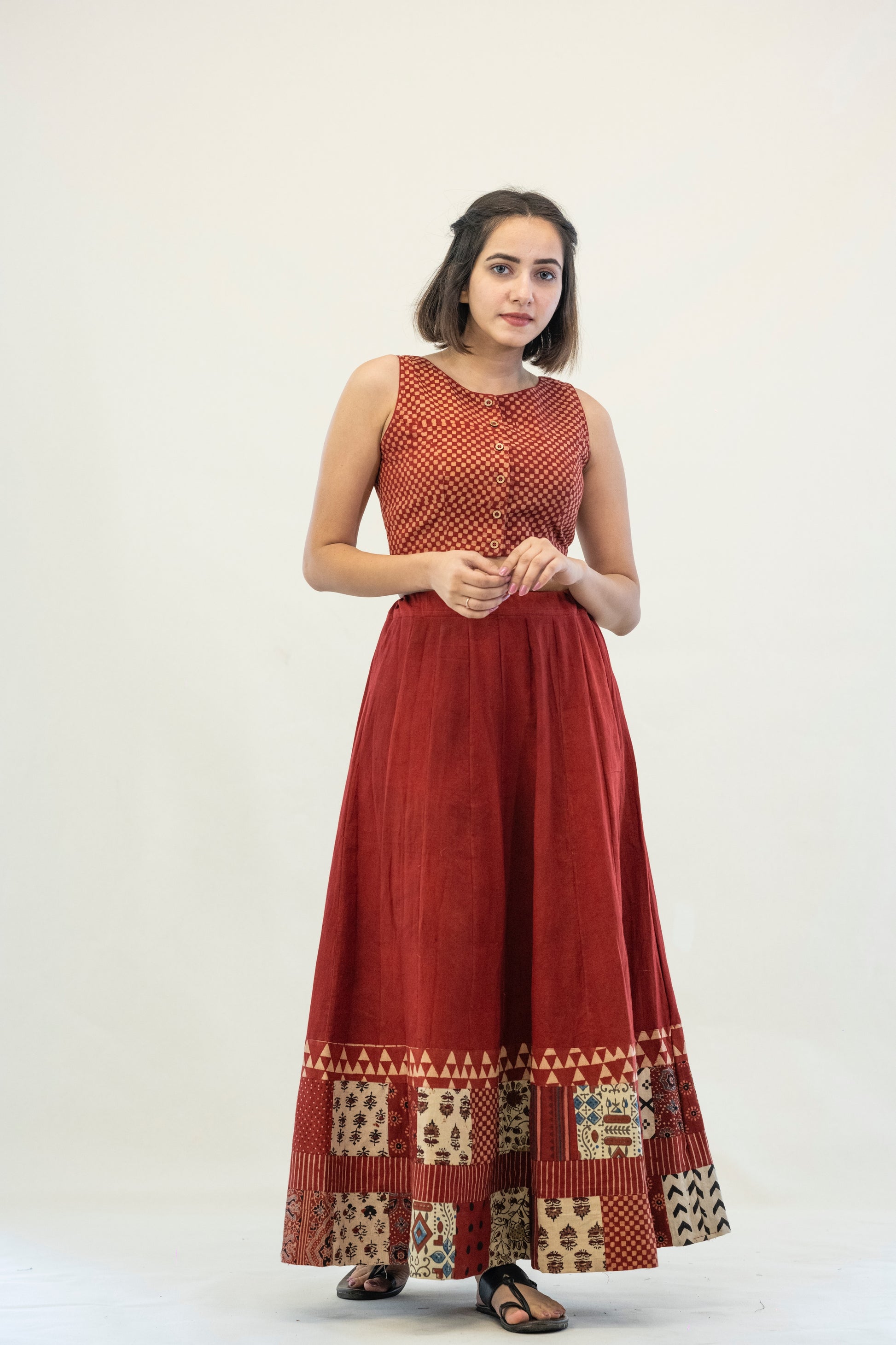 Maroon ajrakh patchwork skirt and blouse, Patchwork chaniya choli, Natural dyed skirt blouse