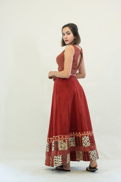 Maroon ajrakh patchwork skirt and blouse, Patchwork chaniya choli, Natural dyed skirt blouse