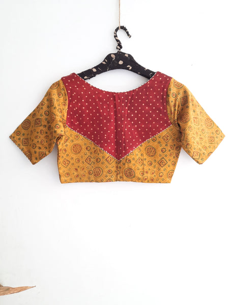 Mashru silk ajrakh blouse in turmeric yellow color