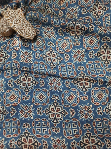 Modal Silk Ajrakh Hand Block Print Fabric in Indigo Color. Luxurious Fabric. Natural Dyed at Turquoisethestore.