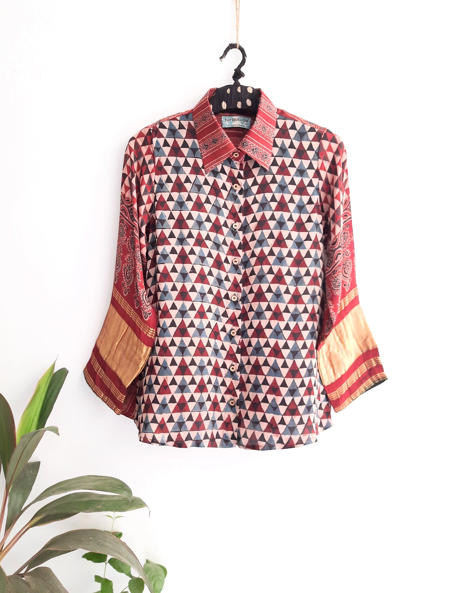Modal silk ajrakh festive wear for women, Handmade shirt for her, Festive wear, Natural dyed shirt