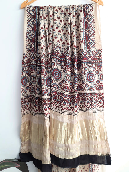 Modal silk ajrakh hand block print dupatta in ivory color