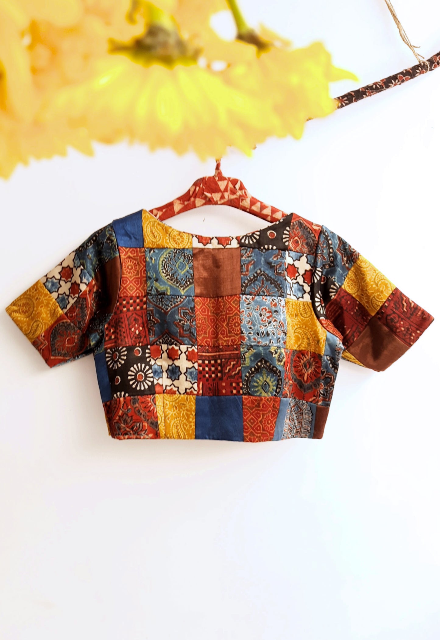 Multi ajrakh hand block prints patchwork blouse. Mashru silk blouse.
