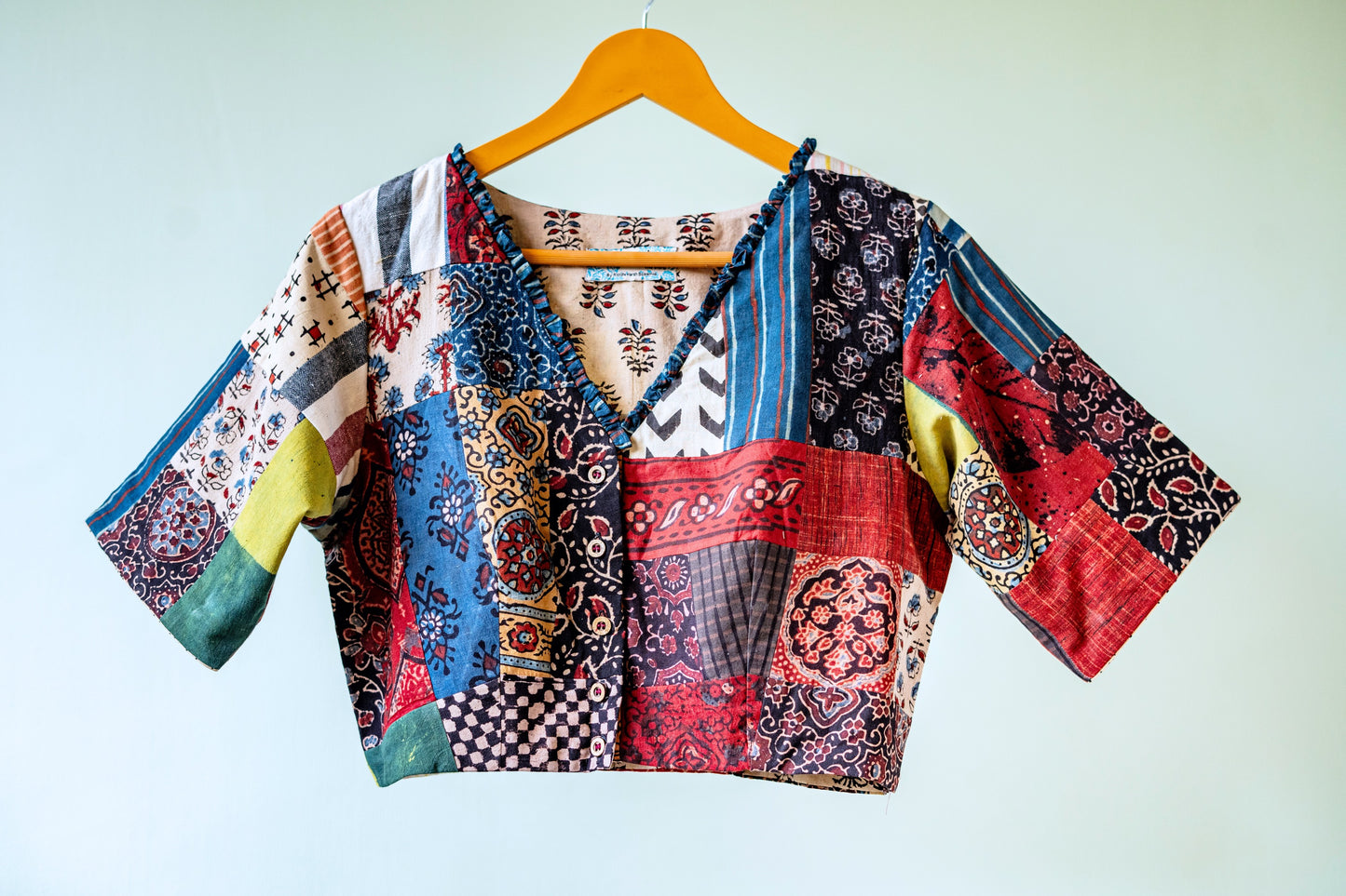 Multi ajrakh prints patchwork blouse, Handmade blouse, Patchwork blouse