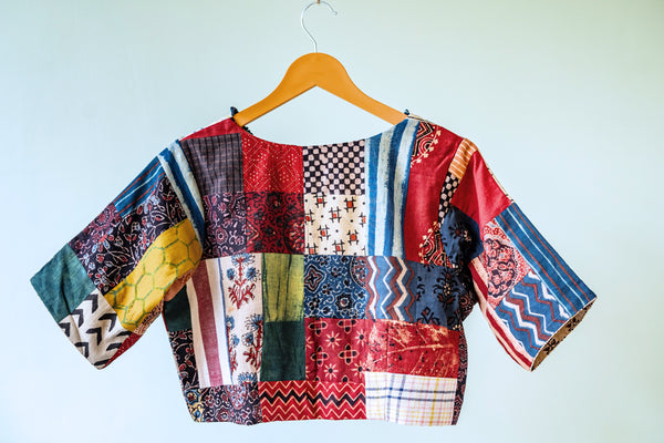 Multi ajrakh prints patchwork blouse, Handmade blouse, Patchwork blouse