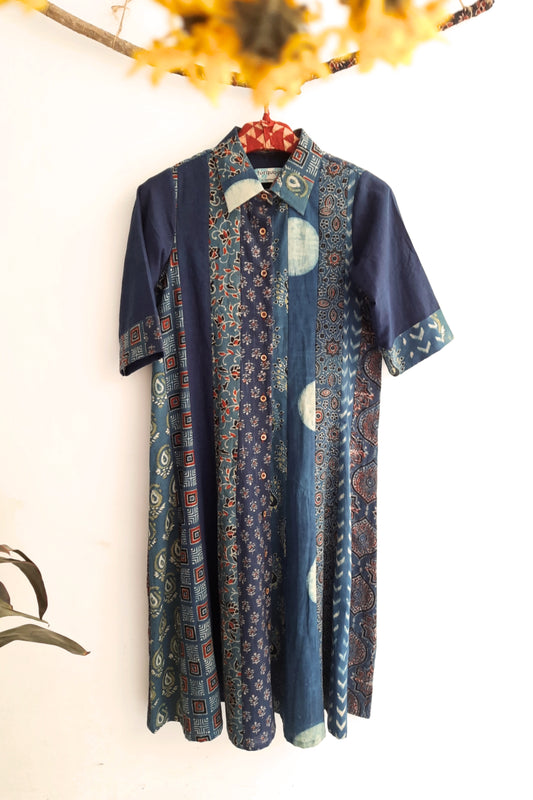 Multi ajrakh prints indigo dyed kali cut shirt dress, Button down shirt dress