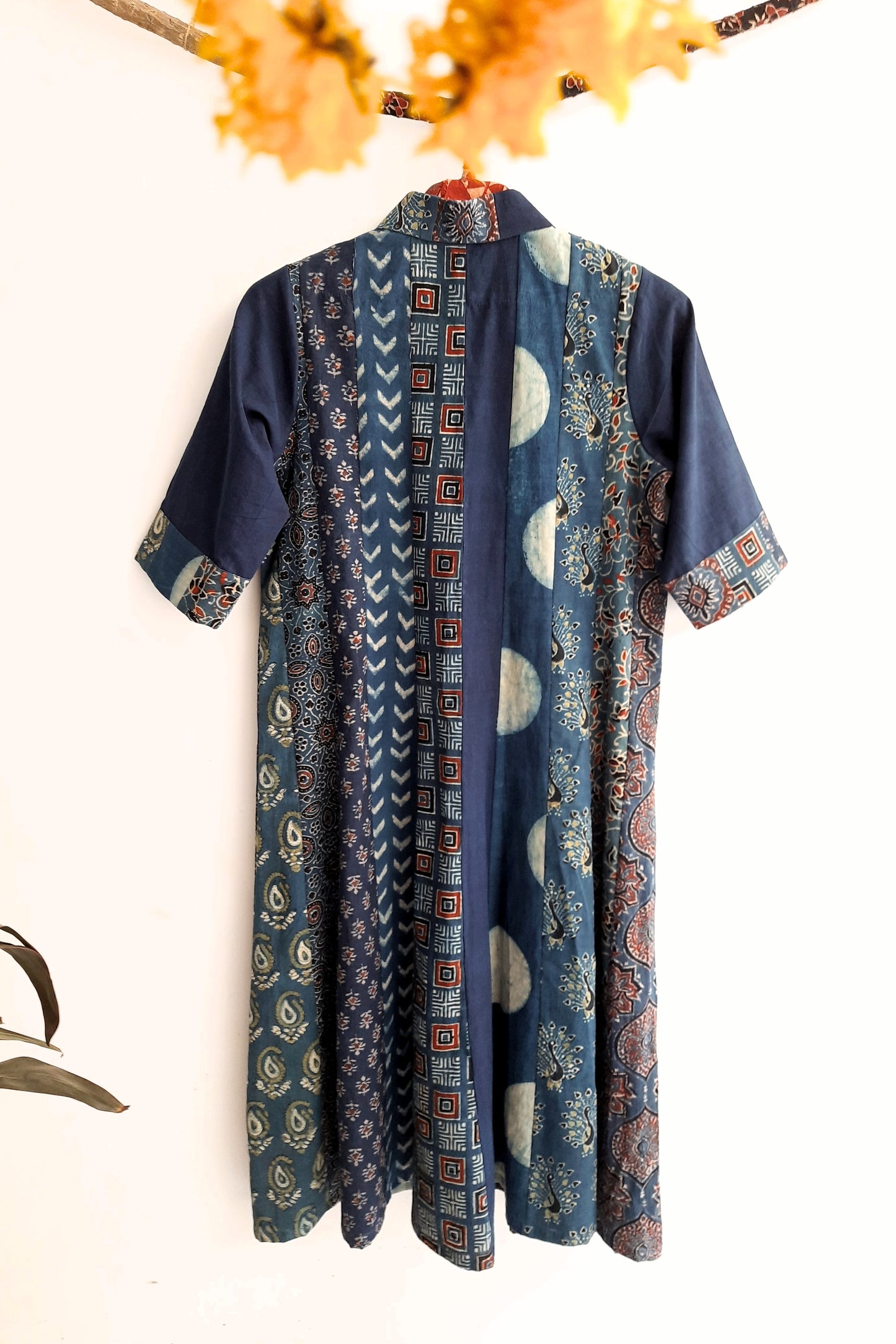 Multi ajrakh prints indigo dyed kali cut shirt dress, Button down shirt dress