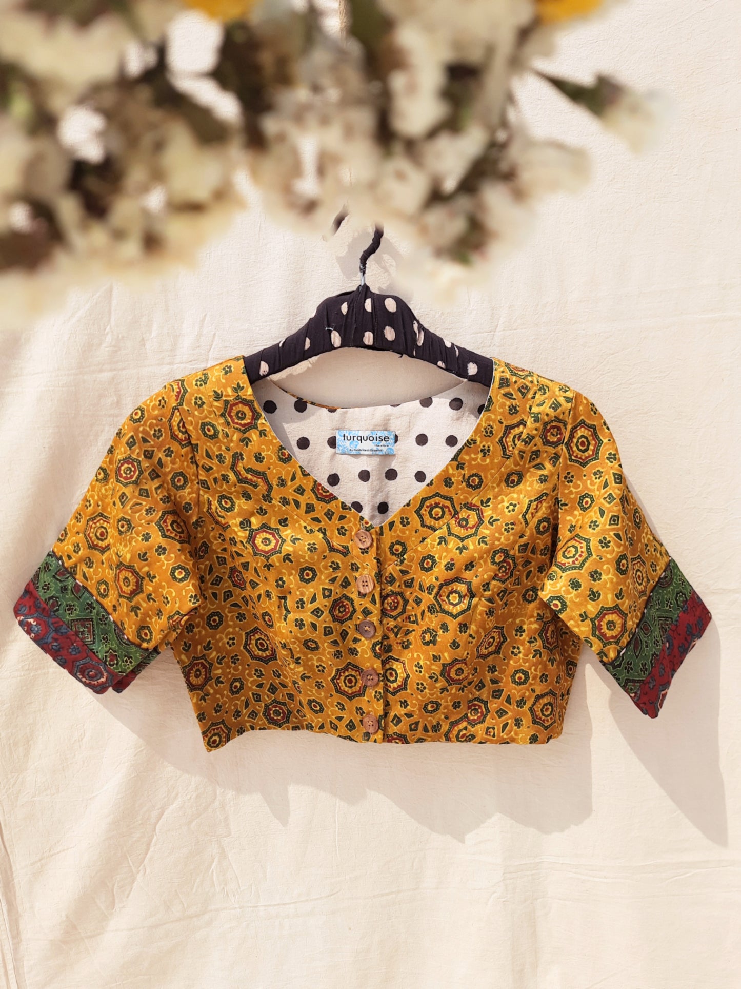 Mustard ajrakh modal silk blouse, Turmeric dyed ajrakh silk blouse, Silk blouse, Saree blouse