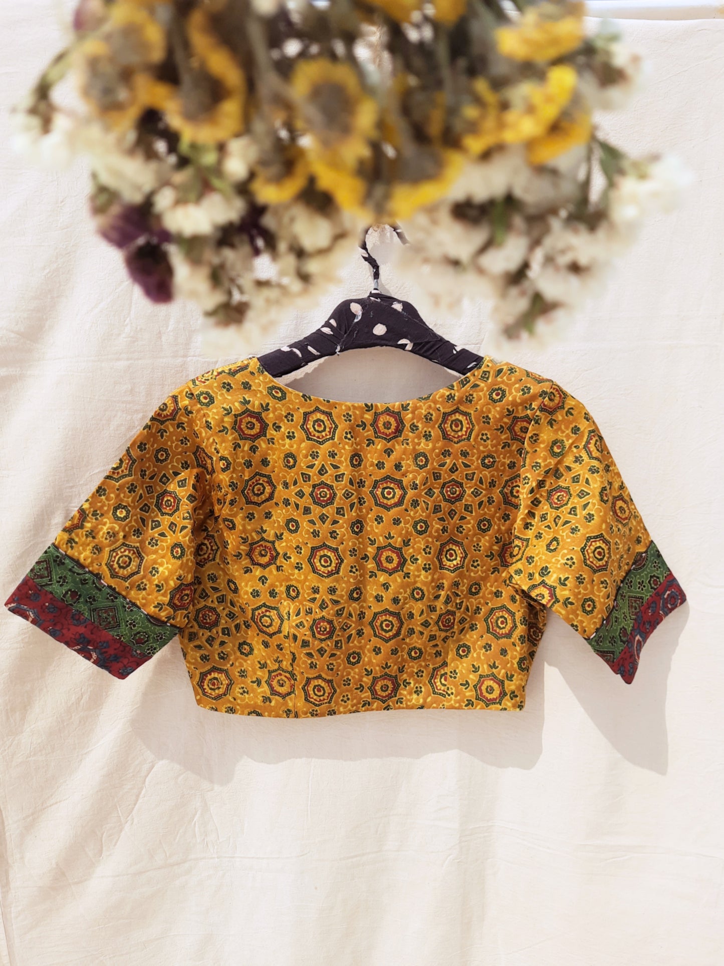 Mustard ajrakh modal silk blouse, Turmeric dyed ajrakh silk blouse, Silk blouse, Saree blouse