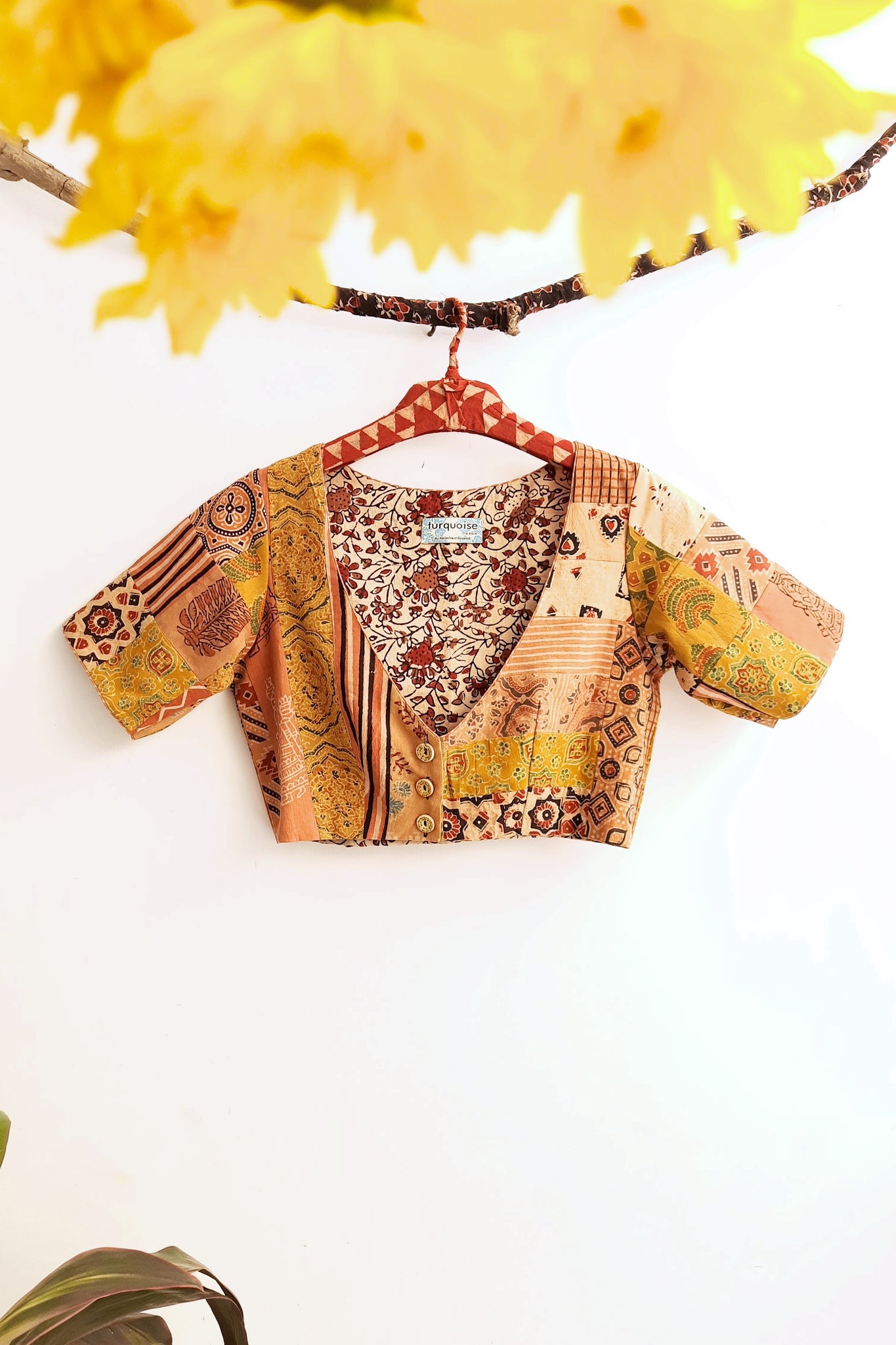 Patchwork ajrakh cotton blouse.