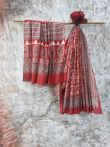 Beautiful madder-dyed Ajrakh hand block printed saree in pure cotton, crafted with intricate traditional patterns, naturally dyed, sustainable, and breathable