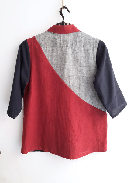 Patchwork hand-spun cotton shirt for women, Zero waste fashion