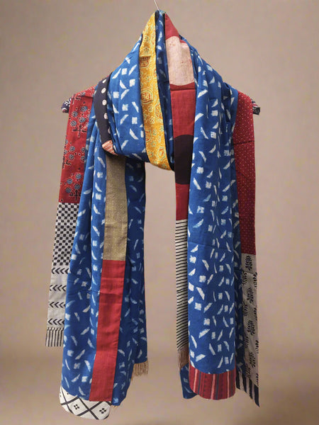 Handcrafted indigo dupatta with natural dye and intricate patchwork borders, showcasing vibrant hand block prints and traditional Indian craftsmanship.