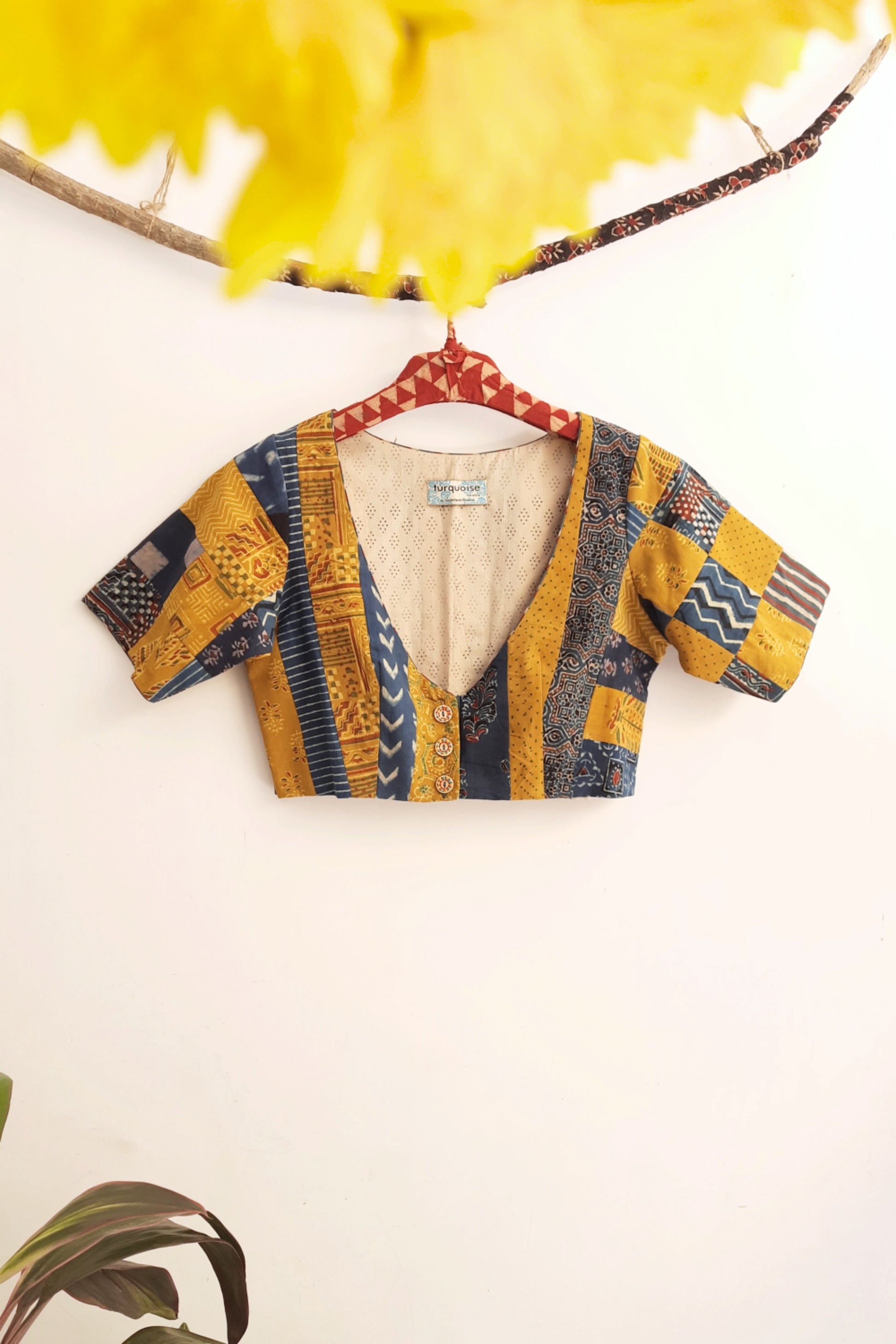 Patchwork blouse in indigo and turmeric yellow color, Ajrakh patchwork blouse, Conscious clothing