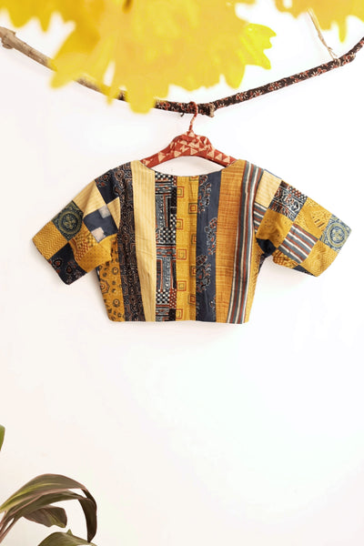 Patchwork blouse in indigo and turmeric yellow color, Ajrakh patchwork blouse, Conscious clothing