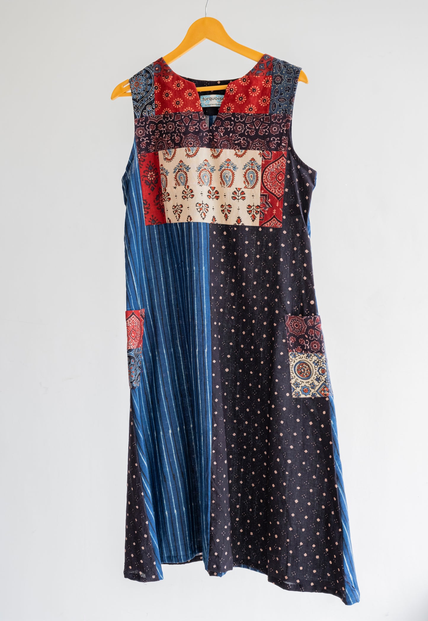 Patchwork dress, Ajrakh hand block prints patchwork dress, Natural dyed dress
