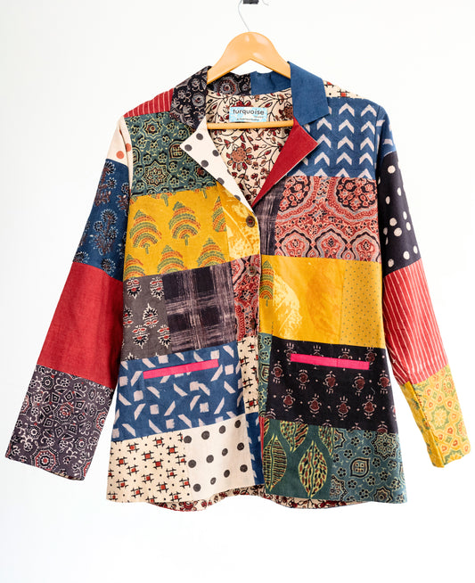 Patchwork Jacket, Ajrakh hand block prints patchwork jacket for women, Handcrafted jacket