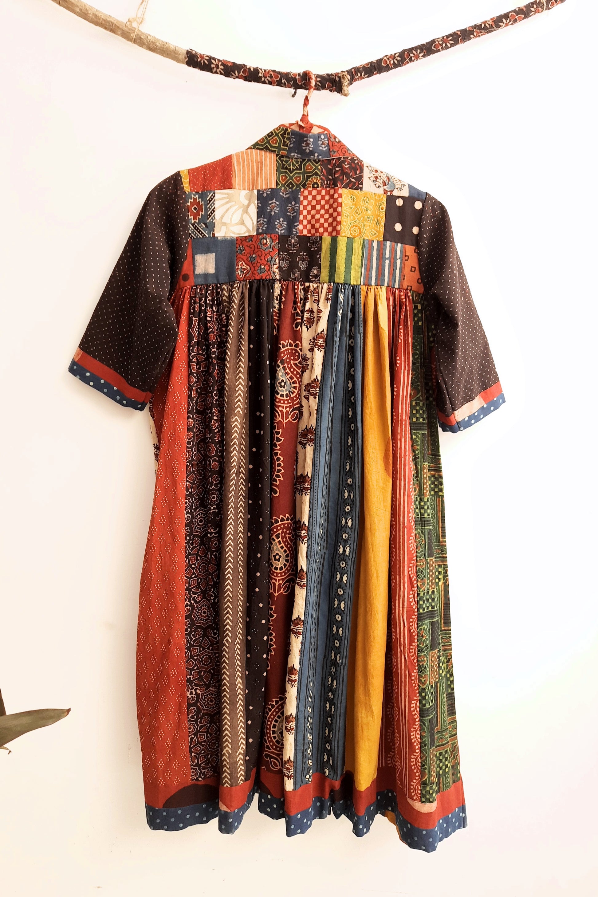 Patchwork multi ajrakh prints dress in pure cotton, Handmade natural dyed patchwork dress