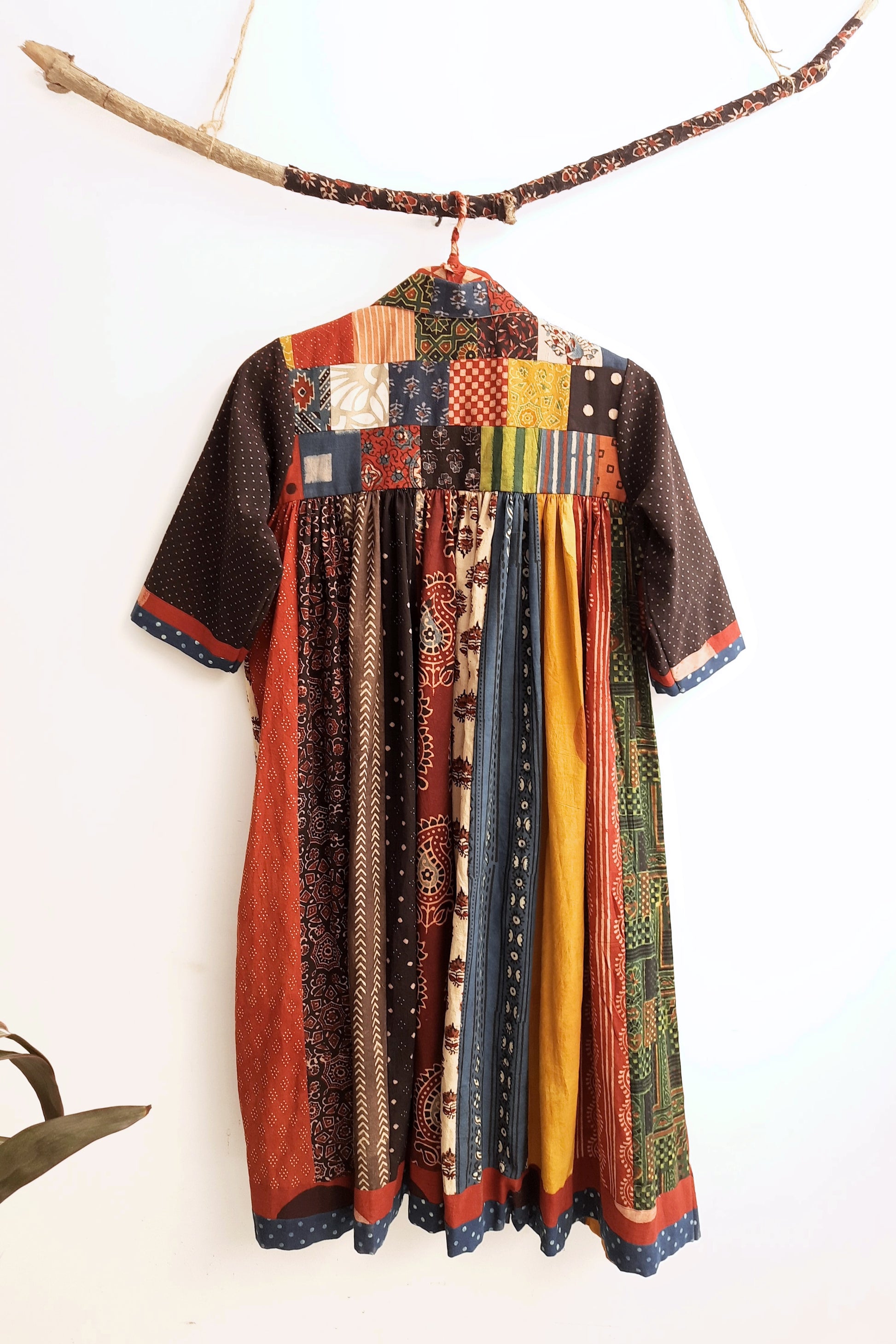 Patchwork multi ajrakh prints dress in pure cotton, Handmade natural dyed patchwork dress