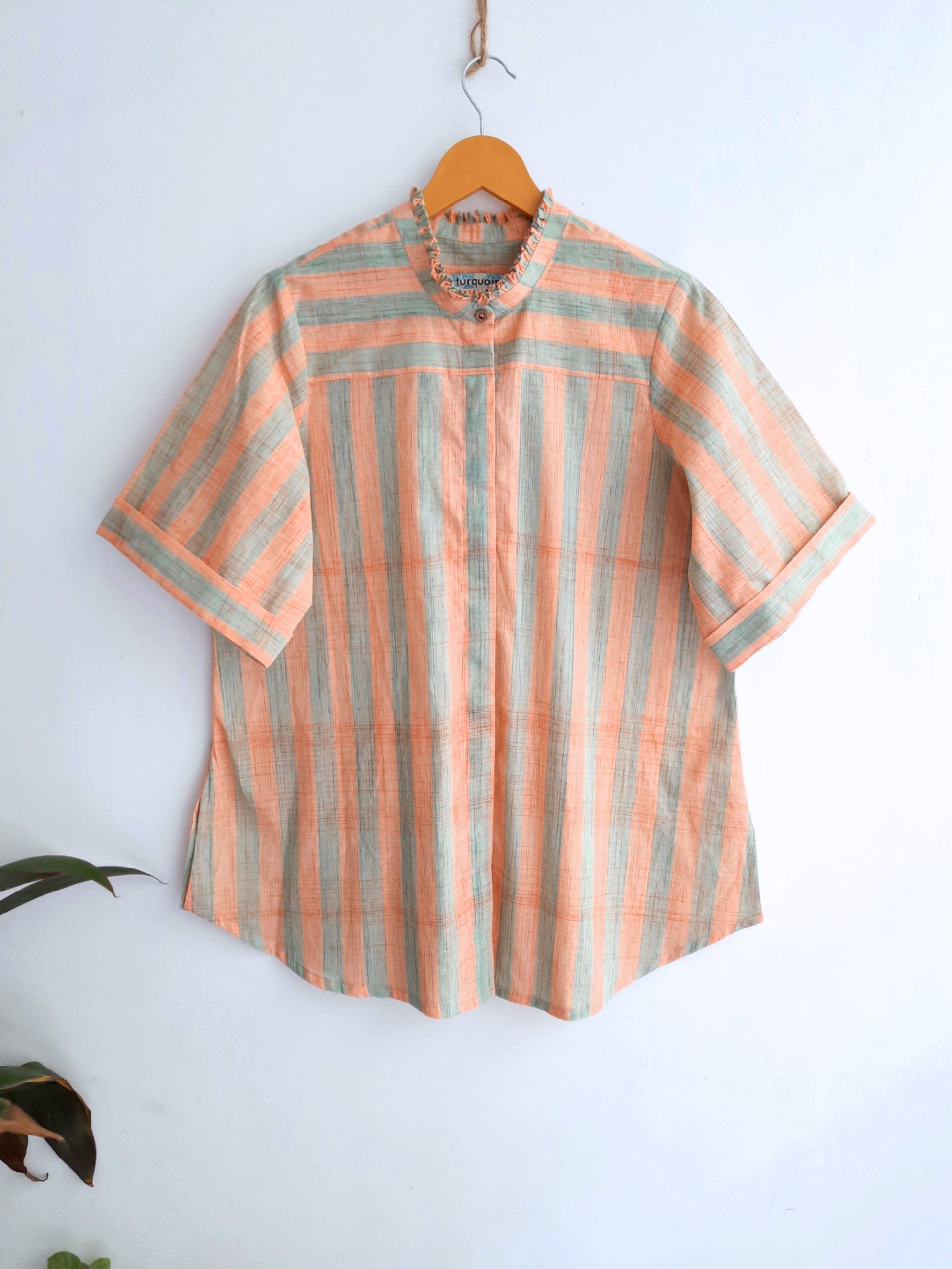 Peach and mint stripes cotton shirt for her, Consciously crafted shirt, Stripes shirt for women