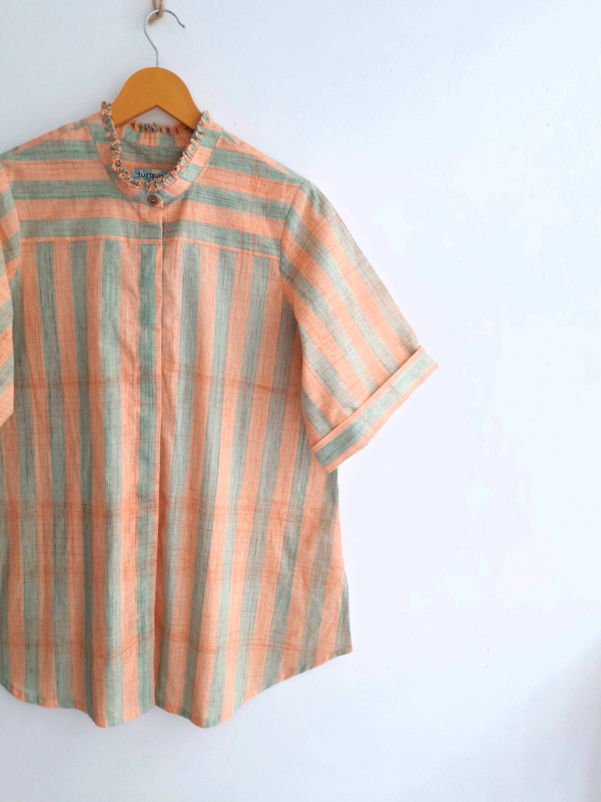 Peach and mint stripes cotton shirt for her, Consciously crafted shirt, Stripes shirt for women