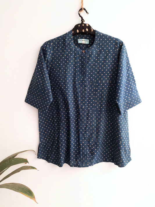 Polka dots women's shirt in indigo, Indigo dyed polka dots shirt, Polka dots shirt