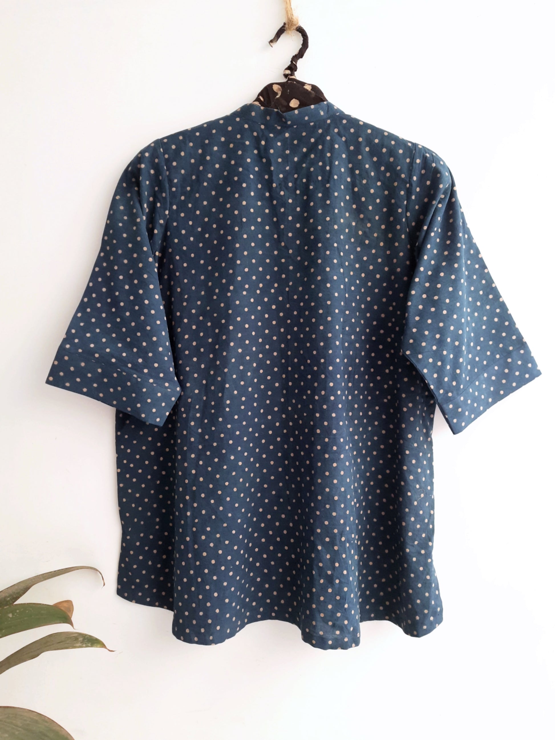 Polka dots women's shirt in indigo, Indigo dyed polka dots shirt, Polka dots shirt