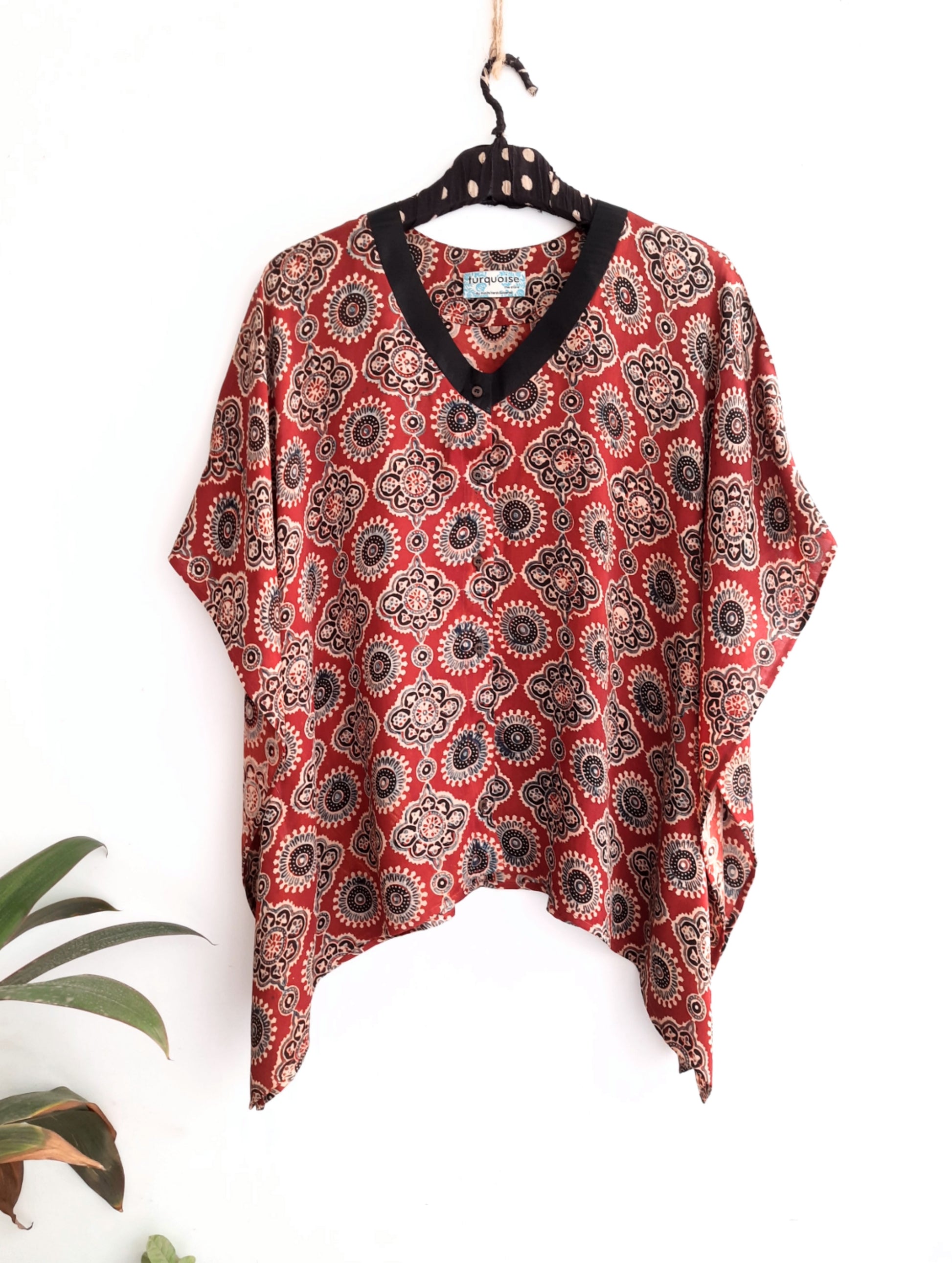 Silk kaftan in ajrakh prints, Artisanal clothing, Madder dyed ajrakh prints kaftan shirt