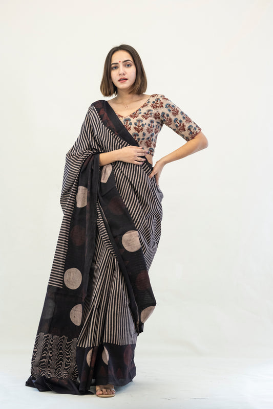 Stripes ajrakh cotton saree, Stripes and polka dots ajrakh hand block print saree