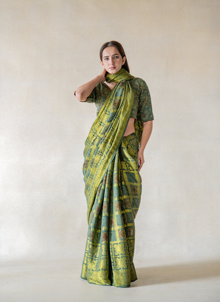 Traditional Green Ajrakh Gharchola Saree, Heritage Saree, Handmade ajrakh prints saree