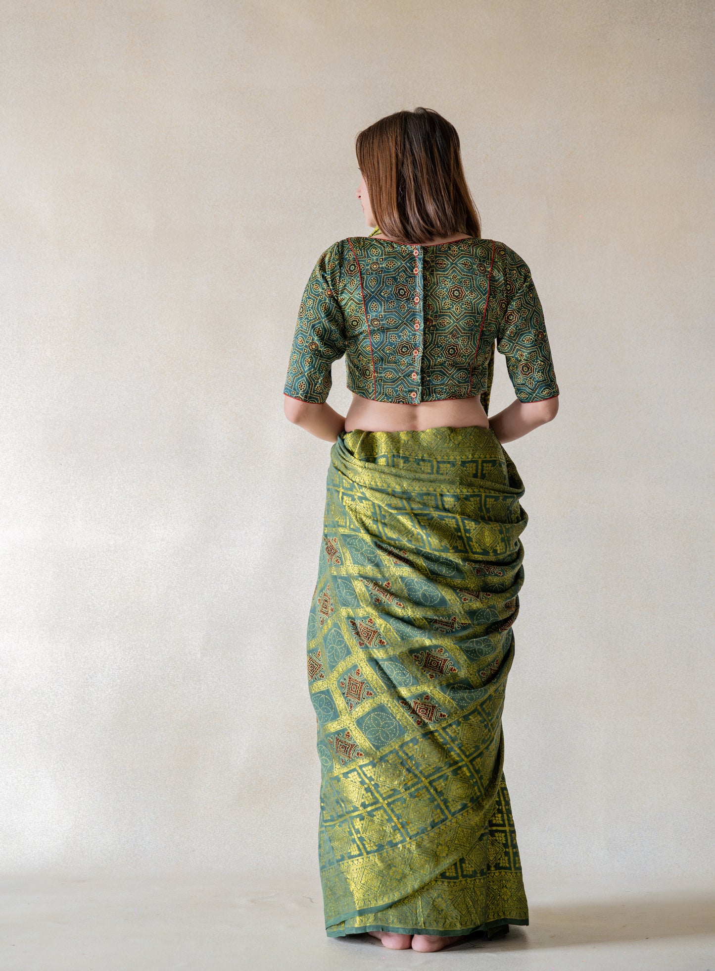 Traditional Green Ajrakh Gharchola Saree, Heritage Saree, Handmade ajrakh prints saree