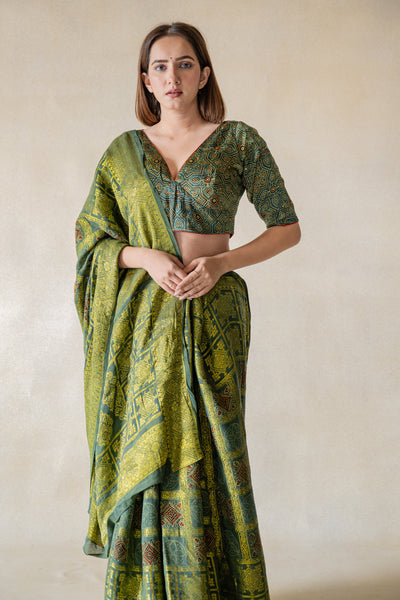 Traditional Green Ajrakh Gharchola Saree, Heritage Saree, Handmade ajrakh prints saree