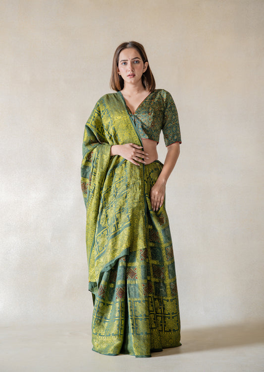 Traditional Green Ajrakh Gharchola Saree, Heritage Saree, Handmade ajrakh prints saree