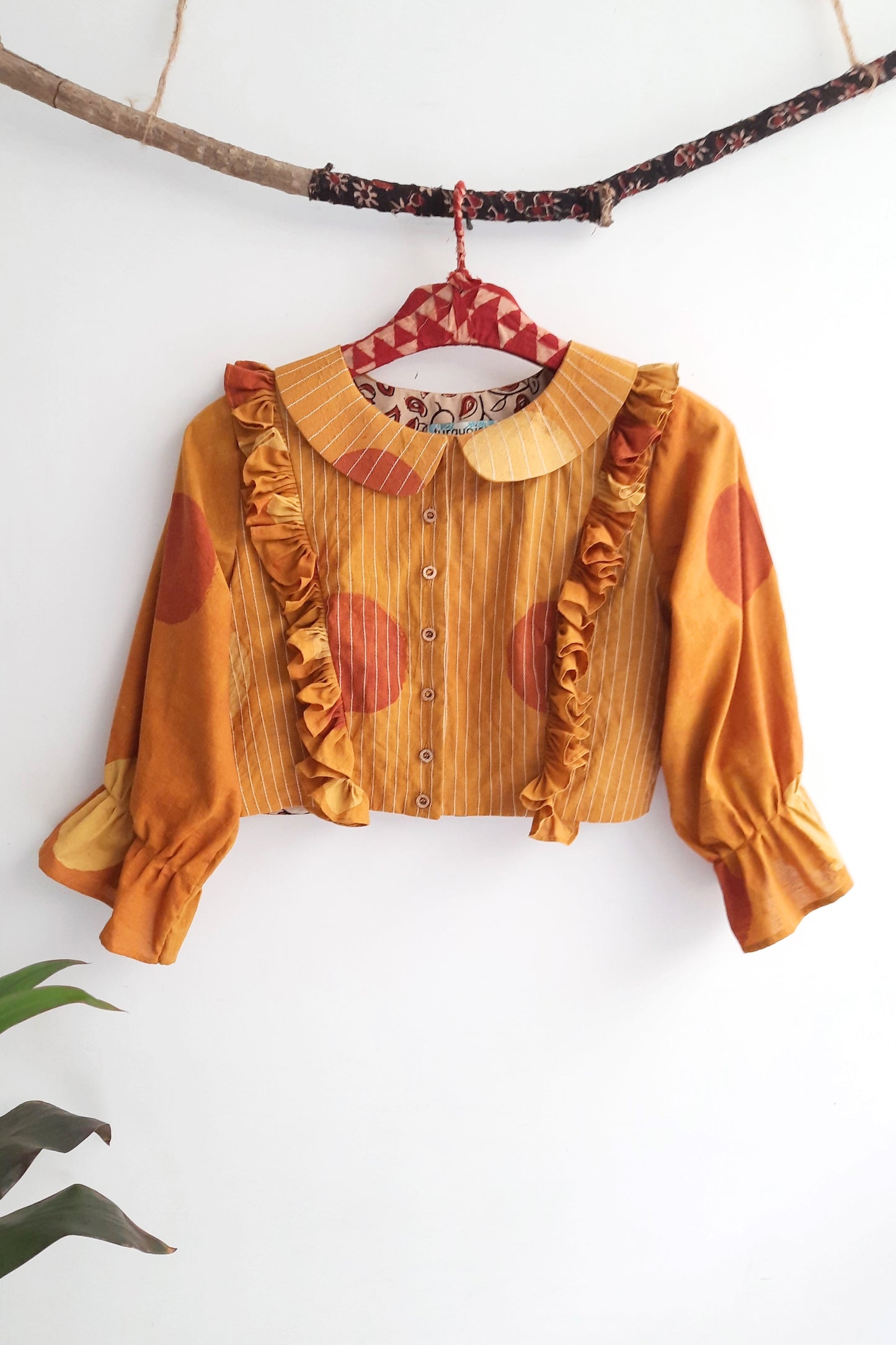 Turmeric dyed ajrakh polka dots saree and blouse coord set, Saree blouse coord set, Ajrakh saree blouse