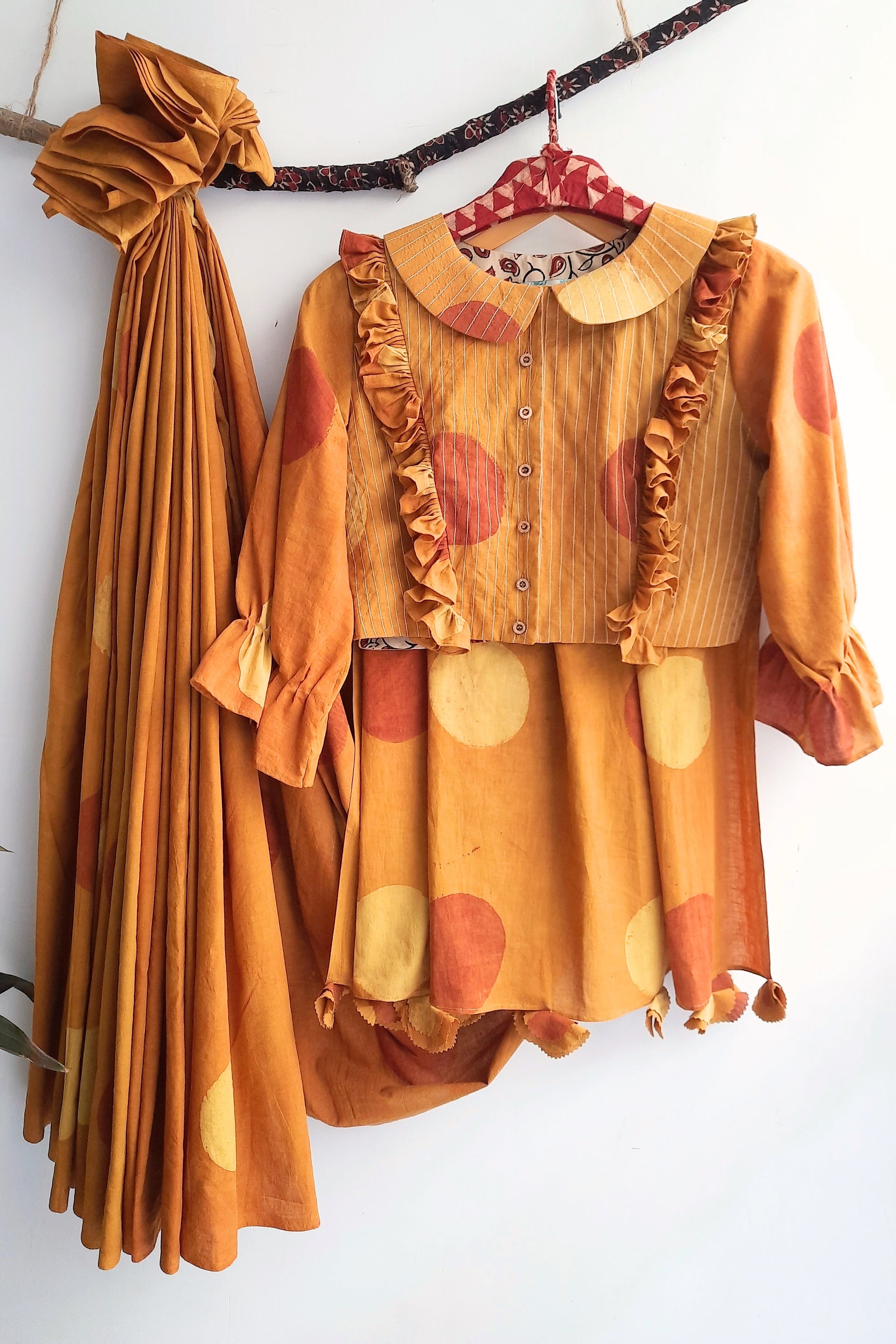 Turmeric dyed ajrakh polka dots saree and blouse coord set, Saree blouse coord set, Ajrakh saree blouse